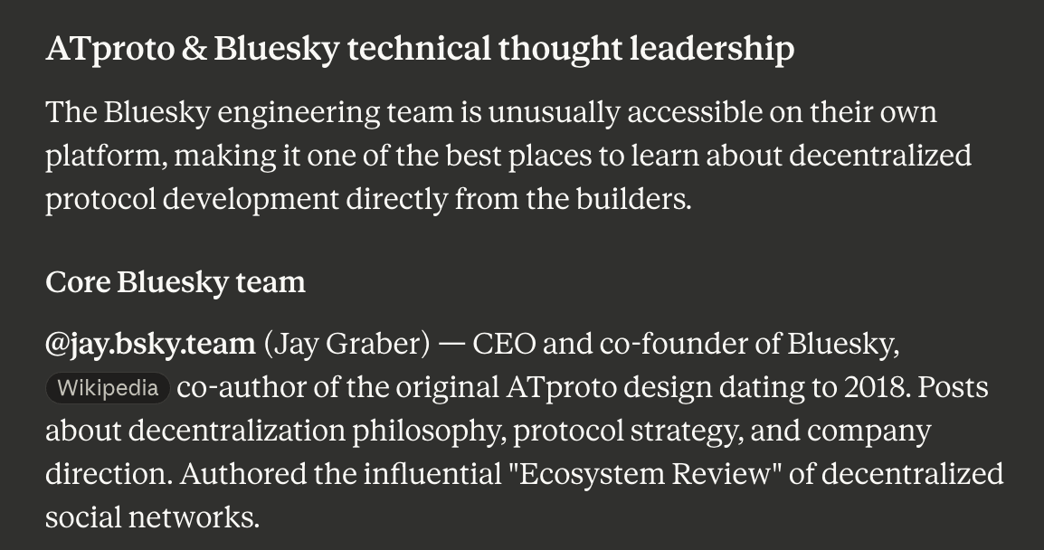 Section titled 'ATproto & Bluesky technical thought leadership' explaining that the Bluesky engineering team is accessible on their platform, followed by a 'Core Bluesky team' subsection highlighting @jay.bsky.team (Jay Graber), CEO and co-founder of Bluesky, describing her role in ATproto’s design and her posts about decentralization and protocol strategy.