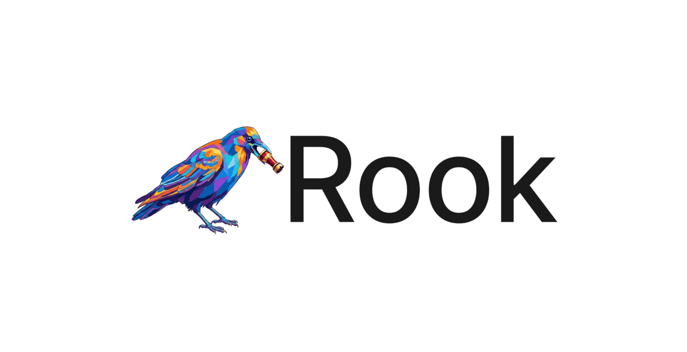 Stylized colorful rook bird holding a chess rook piece in its beak next to the word "Rook".